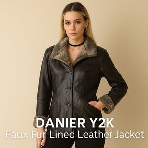 DANIER Vintage Black Leather Faux Fur Lined Y2K Jacket Coat XS